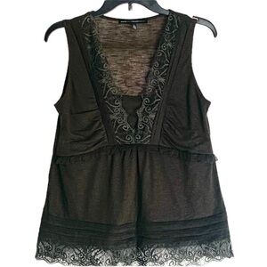 WHBM Olive Brown Lace Trim Ruffle Sleeveless Blouse